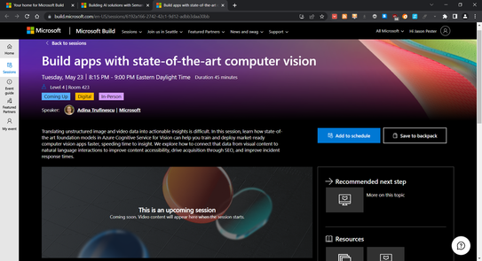 Microsoft Build 2023 "Build apps with state-of-the-art computer vision" session page screenshot.

It might be of interest to some in #GameDev... depending on how the tech can be applied