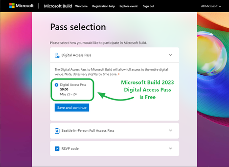 Microsoft Build 2023 Digital Access Pass is Free - it is one of the registration options you can select