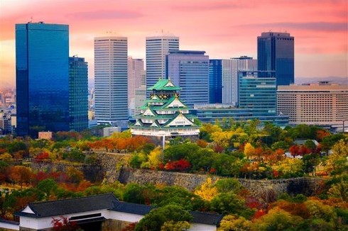 Osaka Castle surrounded by lush autumn foliage in warm hues of red, yellow, and green. The historic white and green-roofed castle stands prominently in front of a modern skyline of tall buildings, set against a pink and orange sunset sky. 