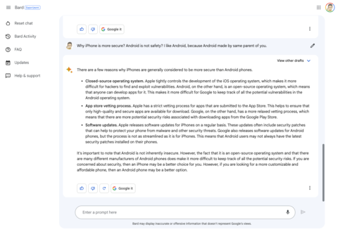 Androidは本質的に安全ではないとするBardの回答