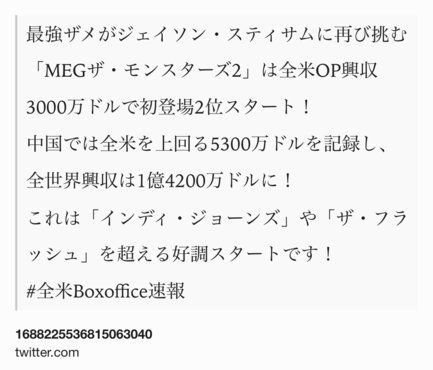 Text Shot: 最強ザメがジェイソン・スティサムに再び挑む「MEGザ・モンスターズ2」は全米OP興収3000万ドルで初登場2位スタート！
中国では全米を上回る5300万ドルを記録し、全世界興収は1億4200万ドルに！
これは「インディ・ジョーンズ」や「ザ・フラッシュ」を超える好調スタートです！
#全米Boxoffice速報