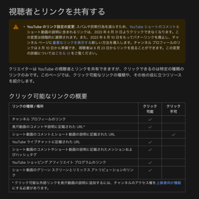 YouTube のリンク設定の変更: スパムや詐欺行為を減らすため、YouTube ショートのコメントとショート動画の説明に含まれるリンクは、2023 年 8 月 31 日よりクリックできなくなります。この変更は段階的に展開されます。また、2023 年 8 月 10 日をもってバナーリンクを廃止し、チャンネル ページに重要なリンクを表示する新しい方法を導入します。チャンネル プロフィールのリンクは 8 月 10 日から準備でき、視聴者は 8 月 23 日からリンクを見ることができます。この変更の詳細についてはこちらをご覧ください。